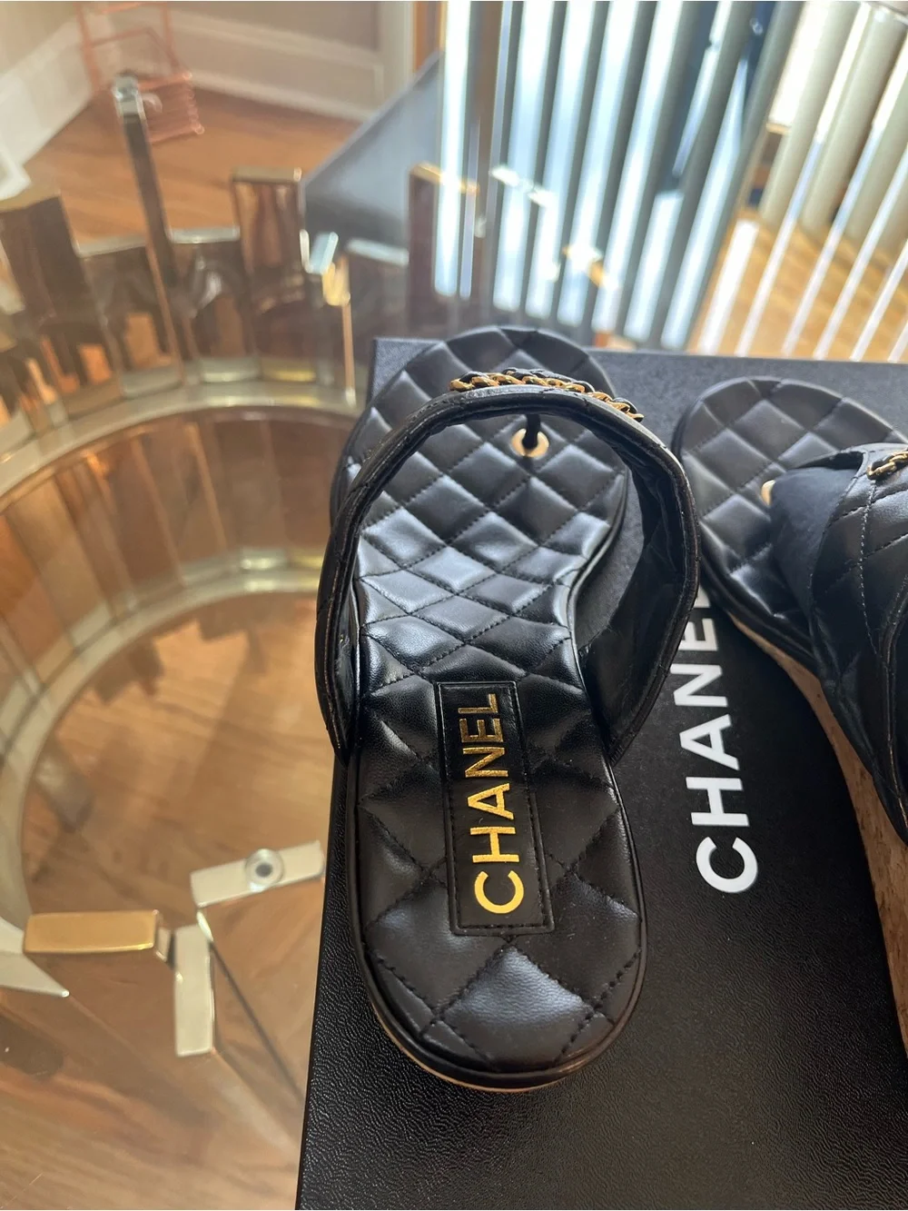 CHANEL Black Quilted Leather Thong Sandals with Gold Chain CC